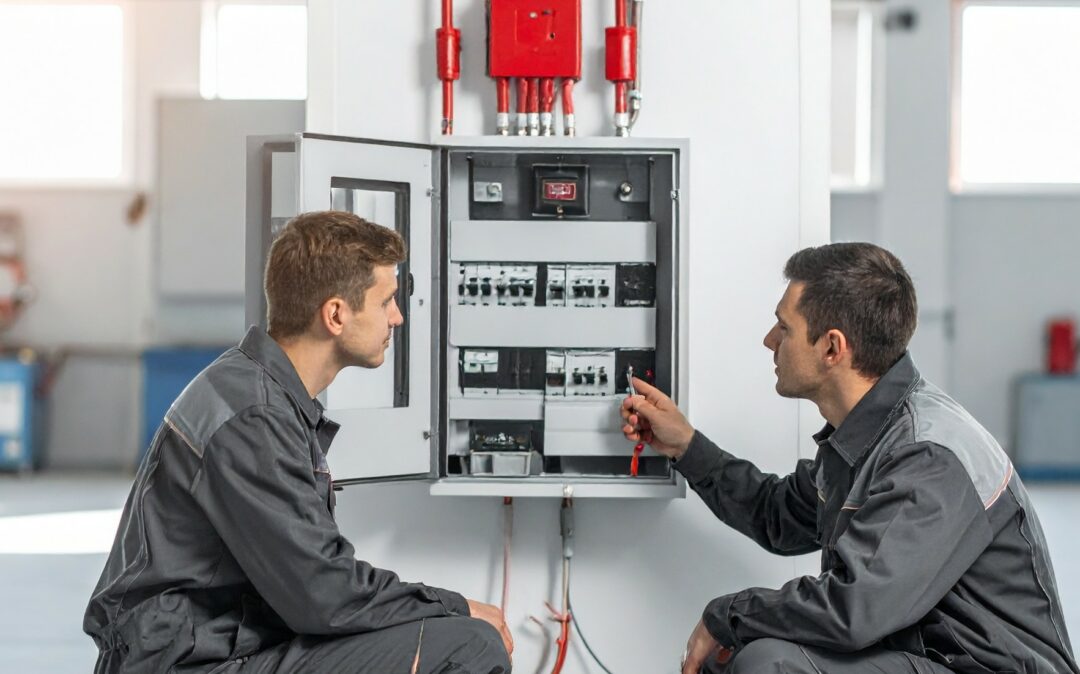two male technicians in grey working on fire safety industrial tech