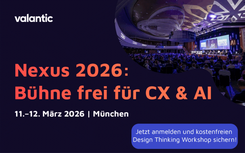 Teaserbild mit einem Foto von der Nexus 2025, Bühnensituation mit Zuschauern, Titel: Nexus 2026: Bühne frei für CX & AI