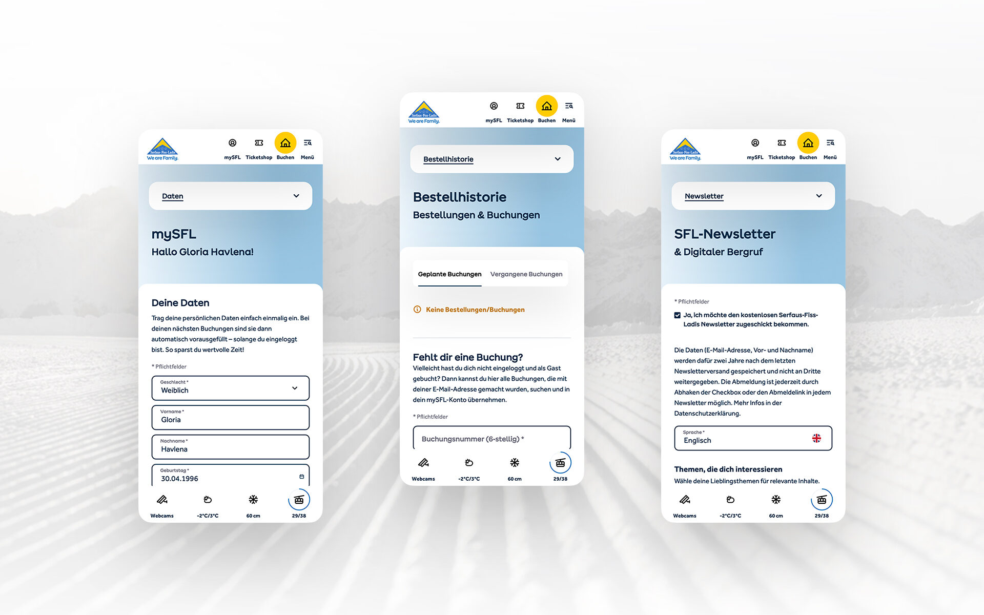 Serfaus-Fiss-Ladis mySFL Nutzerkonto mit Buchungshistorie, Datenverwaltung und Newsletter