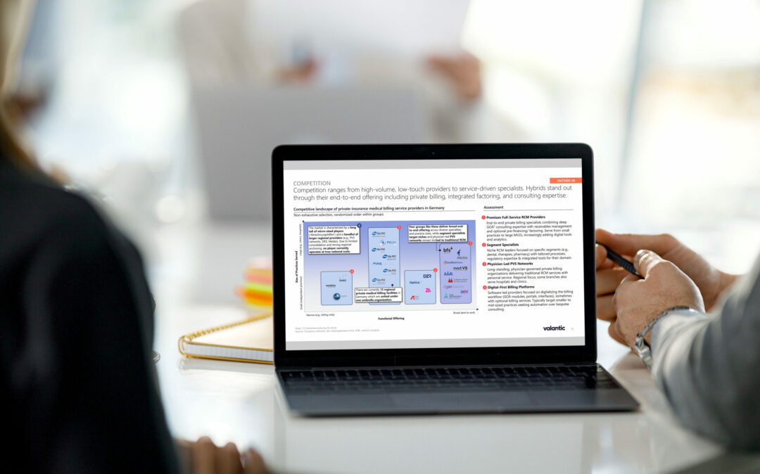 Two people sitting in front of a laptop screen which displays a slide on the private medical billing services dach market competitive landscape.