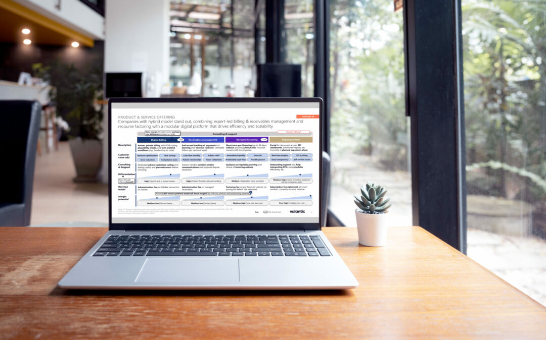 A person sitting infront of a laptop screen which displays a slide on the dach market product offering.