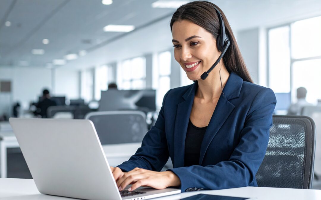 specialist working in an office on his laptop. with a headset on smiling. modern