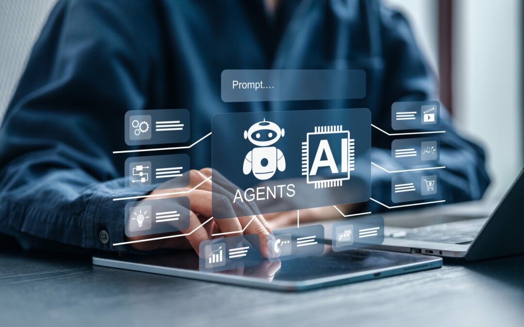 Person interacting with a digital tablet displaying graphics of AI agents, diagrams and data icons indicating advanced concepts of artificial intelligence and automation technology.