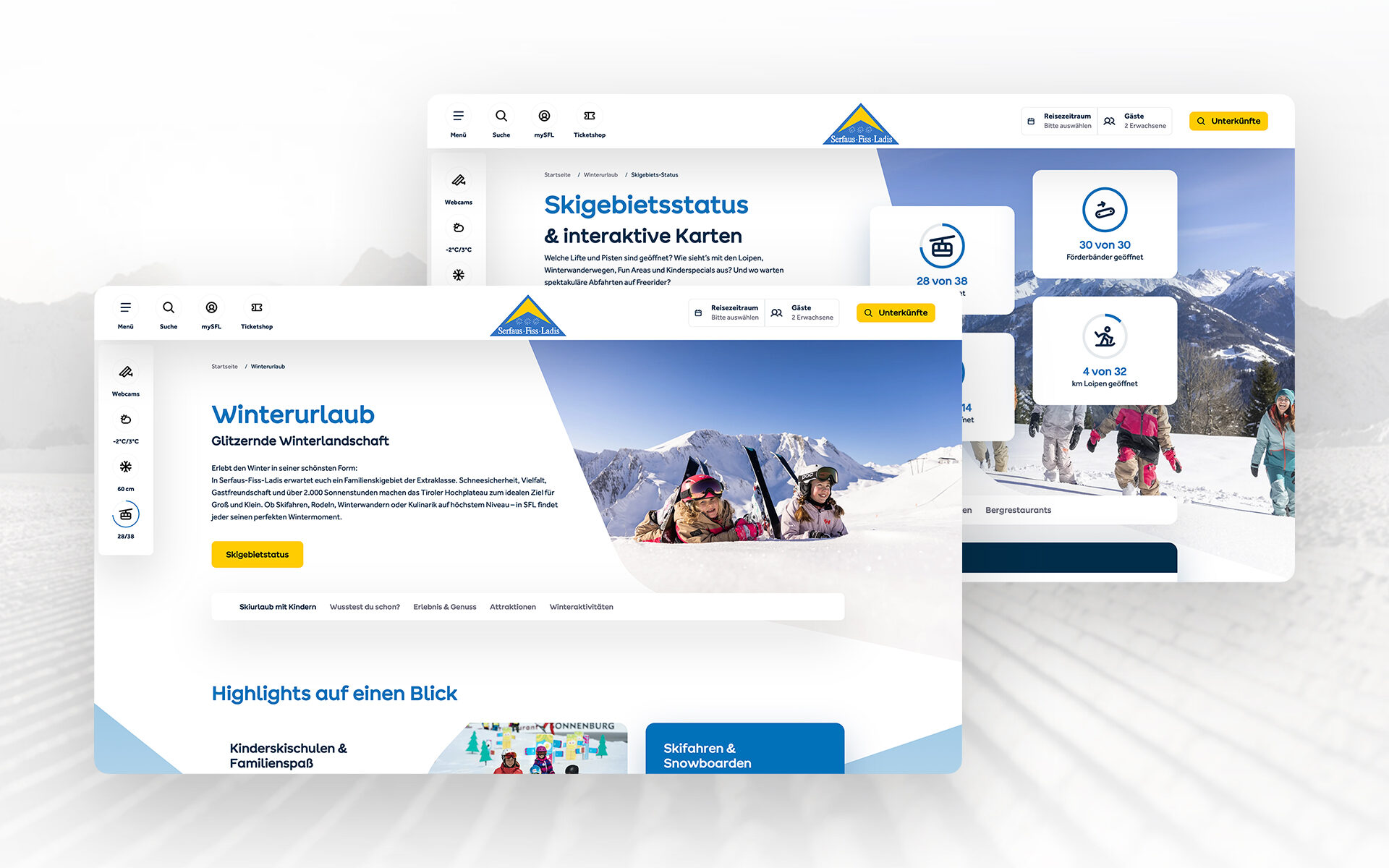 Serfaus-Fiss-Ladis winter holiday page with ski area status and interactive maps