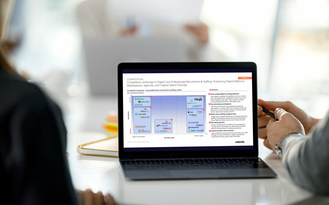 laptop showing the competetive landscape of the healthcare staffing platform market