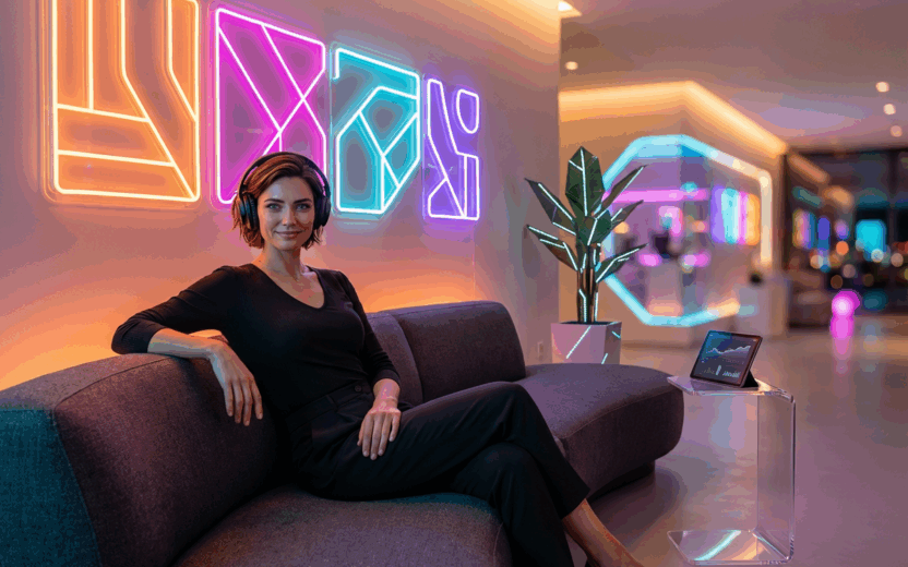 Realistischer KI-Avatar sitzt mit großen Over-Ear-Kopfhörern auf einem Sofa in einem futuristischen Raum mit violett-blau-oranger Ambientebeleuchtung; der gesamte Raum mit modernen Möbeln und Zimmerpflanze ist sichtbar, die Szene wirkt hochwertig und technologisch.