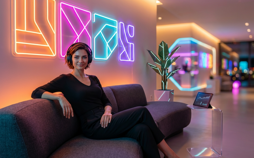 A realistic AI avatar sits on a sofa in a futuristic room with large over-ear headphones, surrounded by violet, blue, and orange ambient lighting; the entire room, featuring modern furniture and a houseplant, is visible, giving the scene a high-quality, high-tech feel.