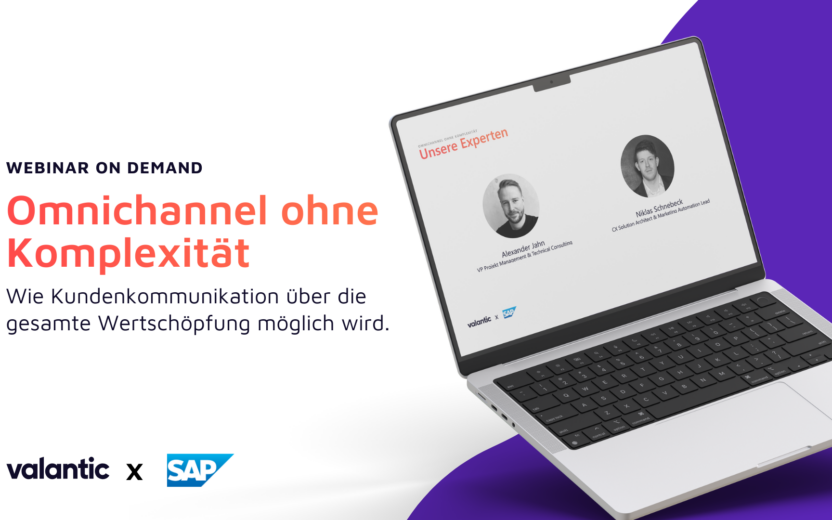Vorschaubild zum Webinar "Omnichannel ohne Komplexität". Neben dem Titel zeigt ein Laptop-Bildschirm die Webinar-Referenten von valantic und SAP.