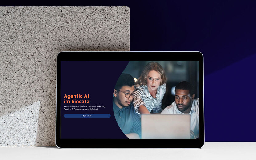 Tablet view shows the start page of the virtual valantic guide called "Agentic AI in action: How intelligent orchestration is redefining marketing, service and commerce"