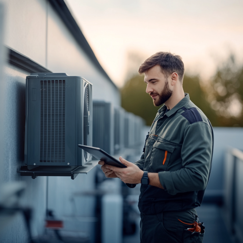 Male HVAC technician inspecting AC
