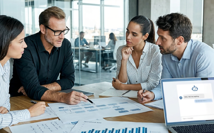 Kolleg:innen sitzen am Tisch and Unterlagen, neben Ihnen steht ein offener Laptop mit dem Chatverlauf eines Chatbots.