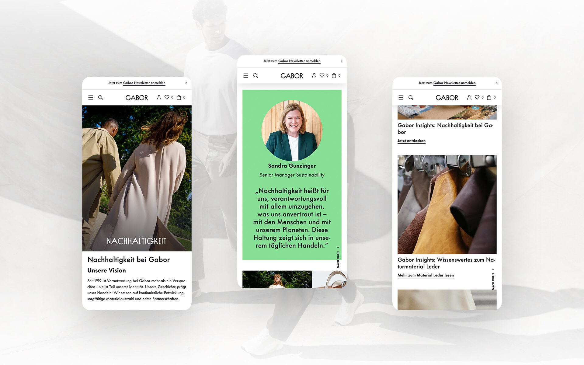 Mobile Ansichten der Gabor Website mit Inhalten zu Nachhaltigkeit, Einblicken und Unternehmenswerten