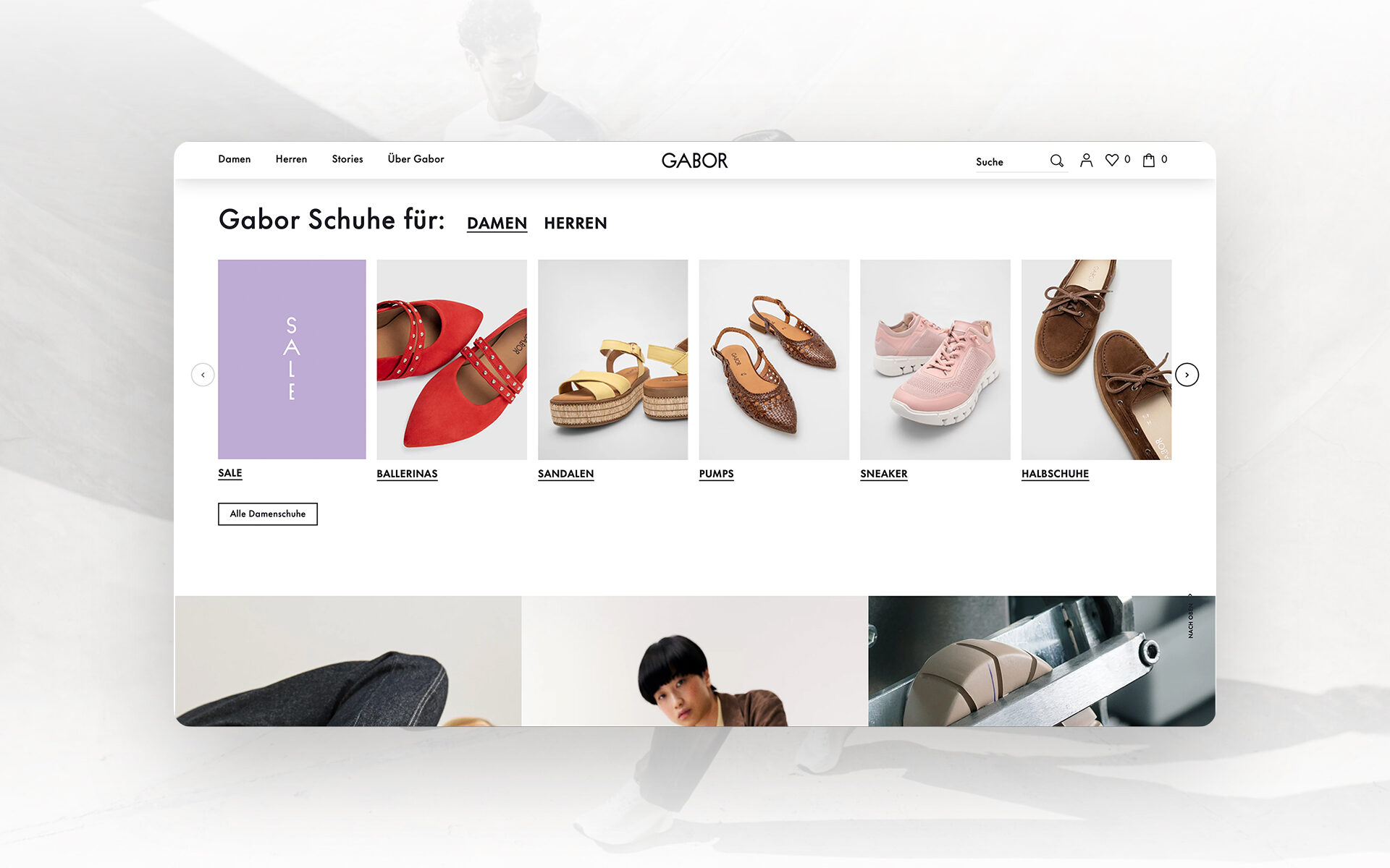 Screenshot des Gabor-Onlineshops mit Produktkategorien für Damen- und Herrenschuhe wie Ballerinas, Sandalen, Pumps und Sneaker