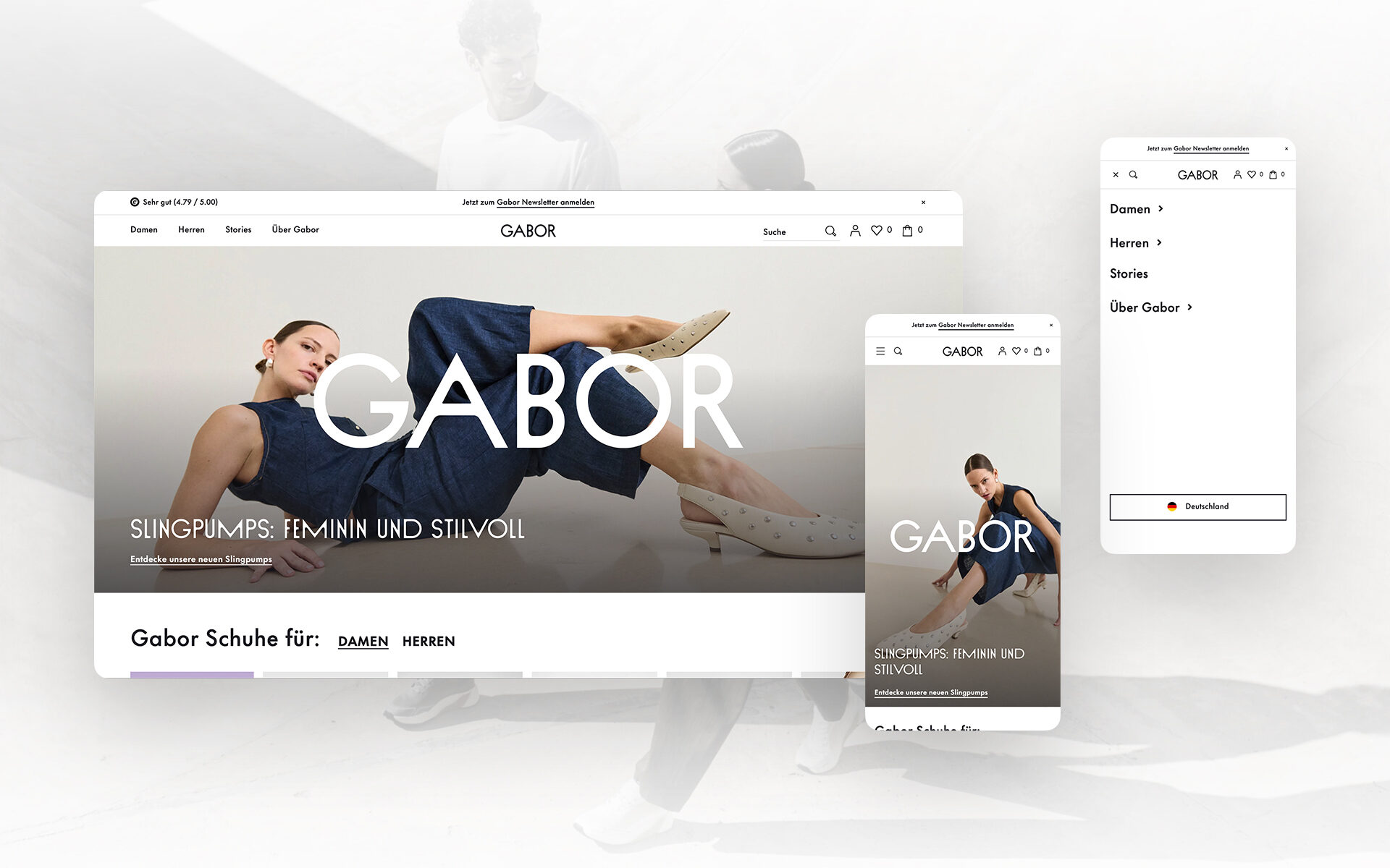 Startseite des Gabor Onlineshops mit Kampagnenbild für Slingpumps sowie Darstellung der responsiven Ansicht auf Desktop und Mobile