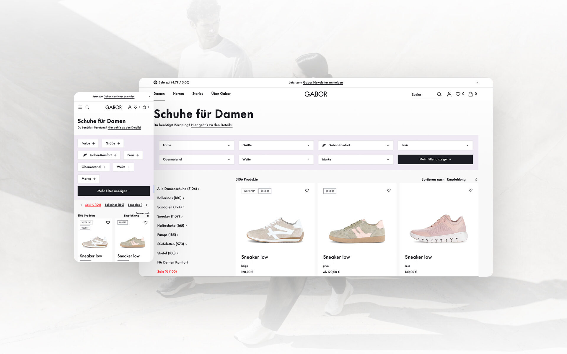 Kategorie-Seite für Damenschuhe im Gabor Onlineshop mit Filterfunktionen und Produktübersicht auf Desktop und Mobile
