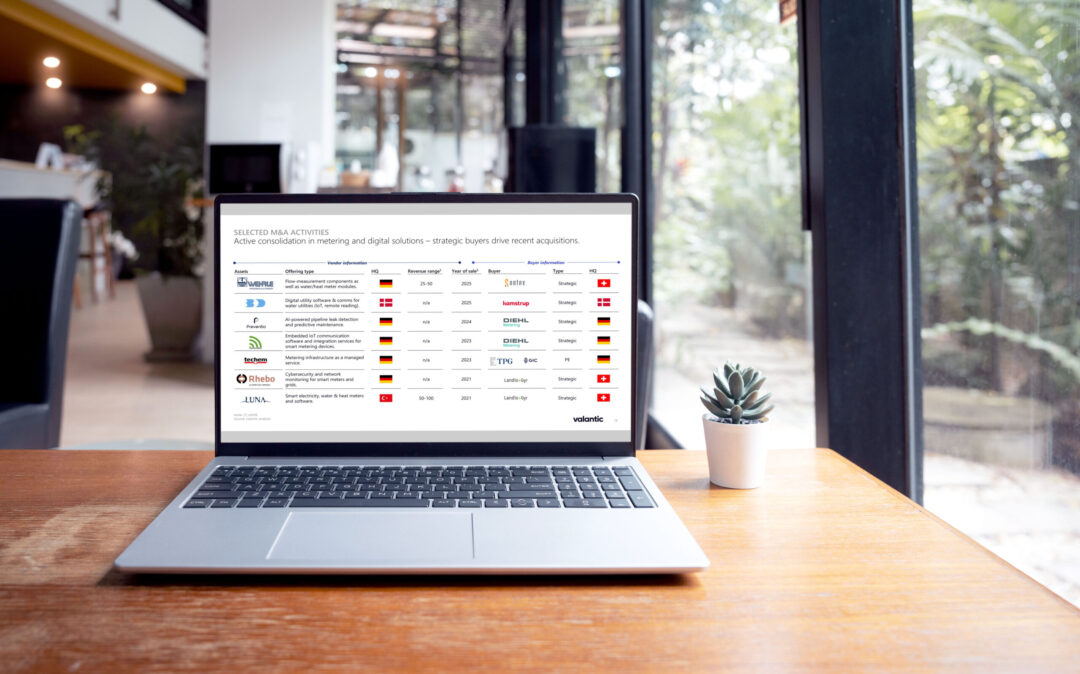 Laptop screen on a café table, displaying a slide on the smart metering solutions dach market activities.