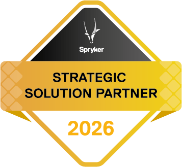 Spryker Abzeichen für valantic als strategischer Lösungspartner mit Spryker Logo und dem Schriftzug "Strategic Solution Partner 2026"