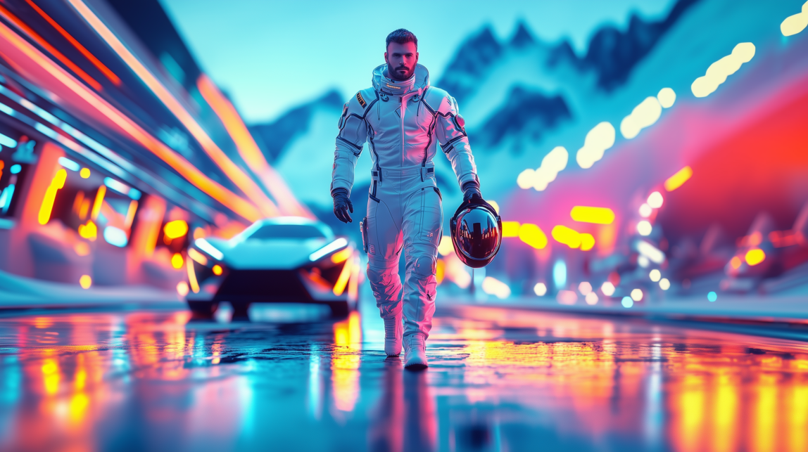 Imagen generada por IA de un hombre en traje de carreras con un coche futurista de fondo