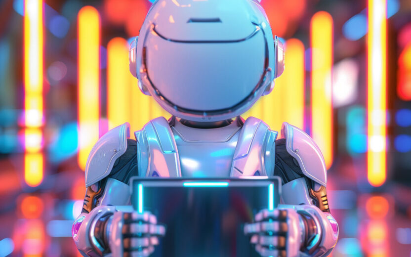 Imagen generada por IA de un pequeño robot sosteniendo un iPad futurista