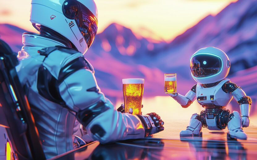 Imagen generada por IA de un pequeño robot y un astronauta sentados a una mesa y brindando con dos vasos de cerveza.