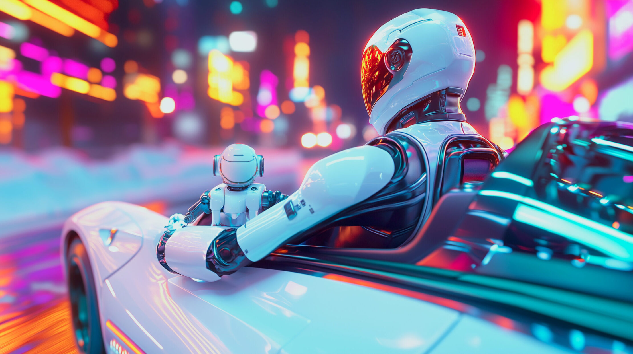 Imagen generada por IA de un hombre del espacio con casco de motor conduciendo un coche futurista con un pequeño robot sentado delante.