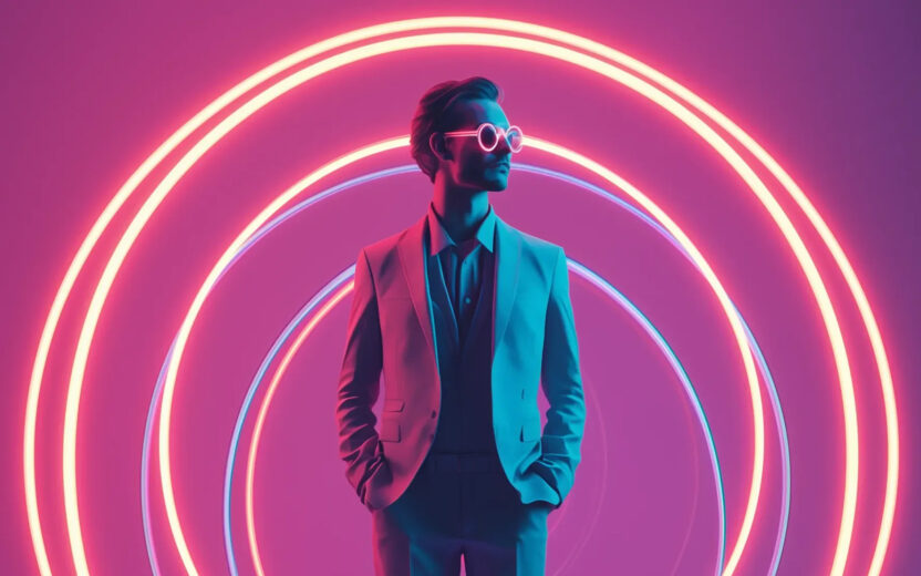 Eine Person im Anzug und mit Sonnenbrille steht mit den Händen in den Taschen vor leuchtenden Neonringen auf einem pinkfarbenen und violetten Hintergrund, der an das selbstbewusste Auftreten einer agentenbasierten KI erinnert.