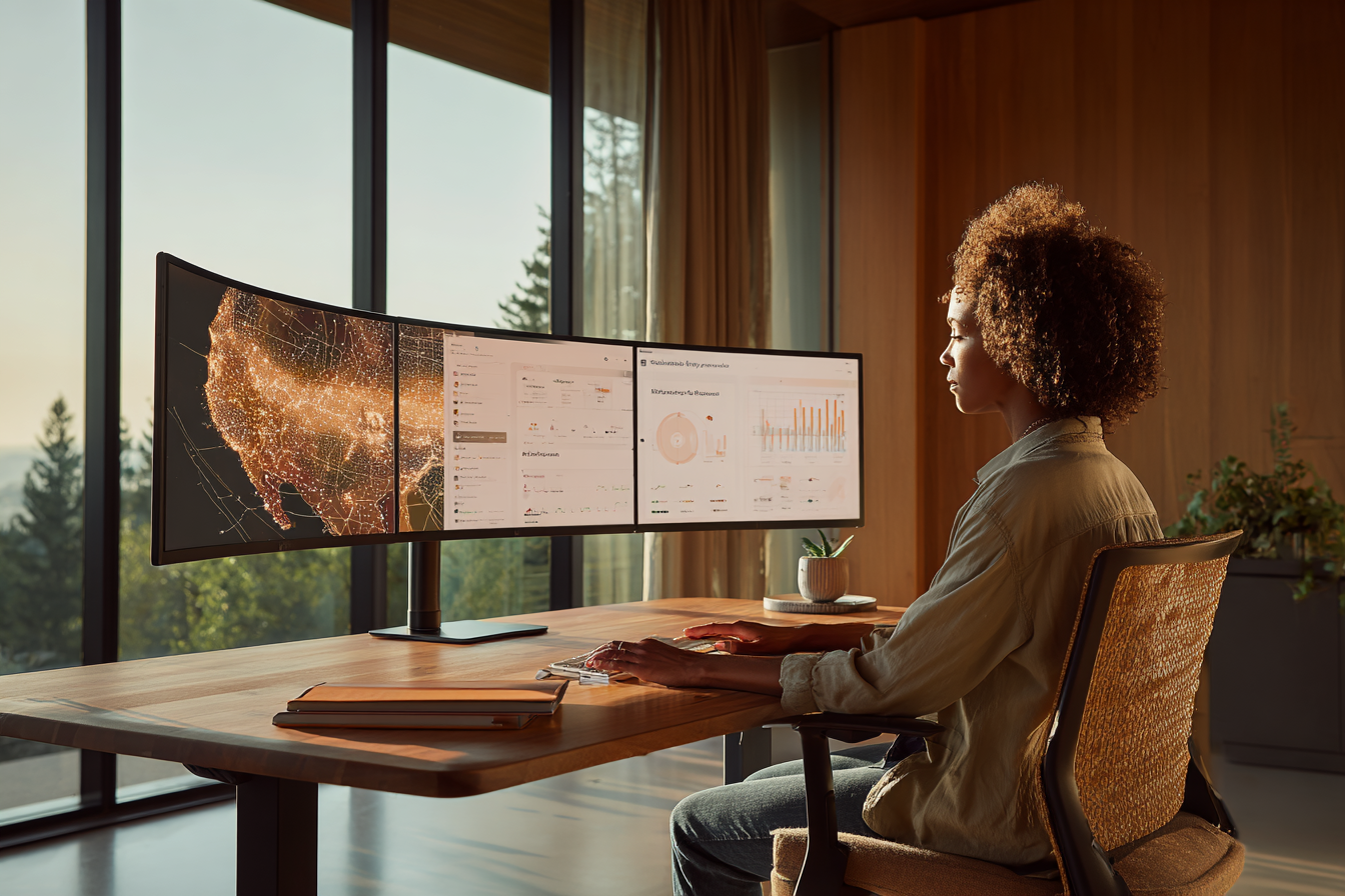 Einkaufsleiterin analysiert an gebogenen Monitoren Lieferkettenkarte und Risiko-Dashboards – KRITIS-Dachgesetz im Einkauf.