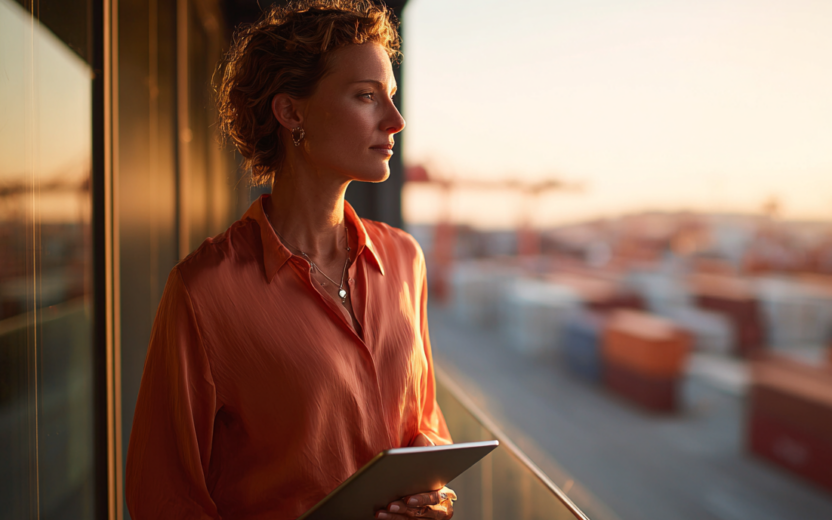 Strategin im Lieferantenmanagement blickt im warmen Abendlicht auf einen Containerhafen mit Tablet in der Hand.