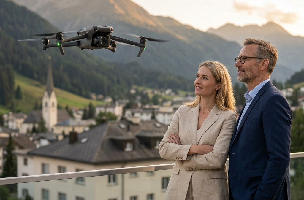 man and woman interacting with drone in Davos, Switzerland