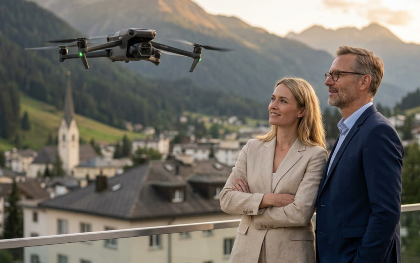 man and woman interacting with drone in Davos, Switzerland
