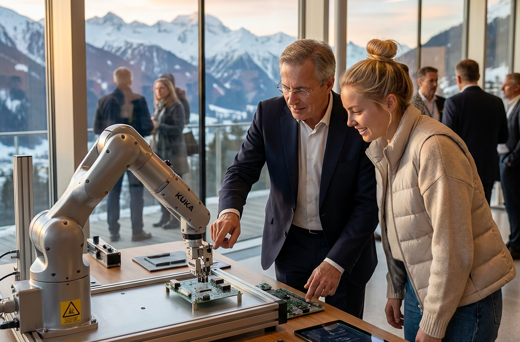 man and woman interacting with industrial robot during conference in Davos
