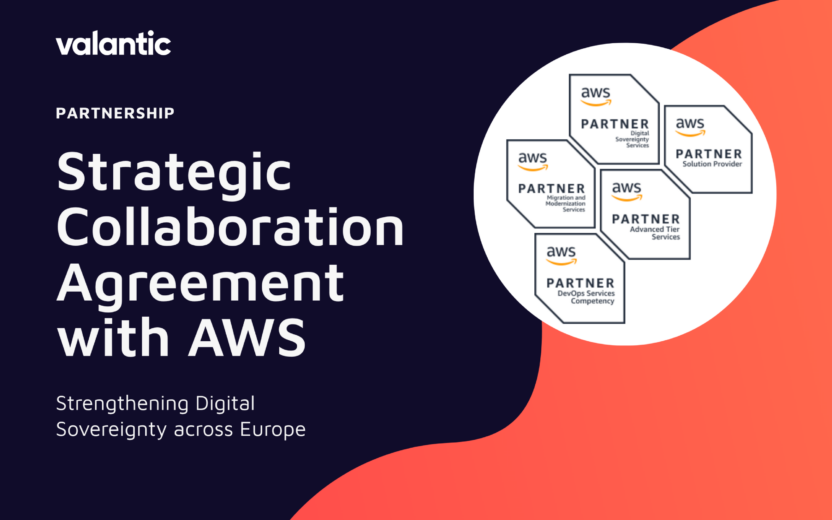 valantic announcement graphic about a strategic collaboration agreement with AWS featuring partner badges