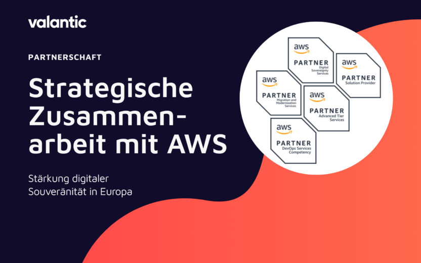 valantic Ankündigungsgrafik zur strategischen Zusammenarbeit mit AWS mit Partner-Badges