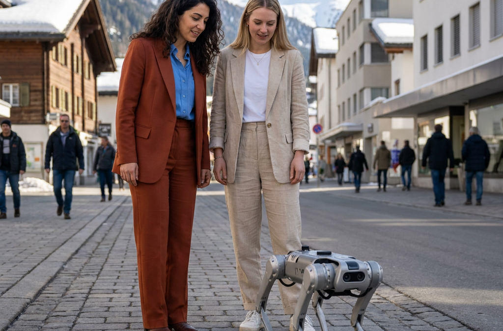 two business women interacting with robot/ quadruped in Davos