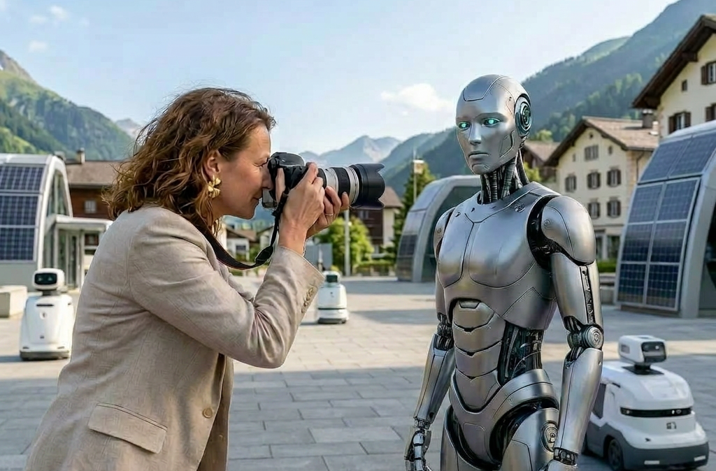 journalistin fotografiert Humanoiden in Davos während Konferenz