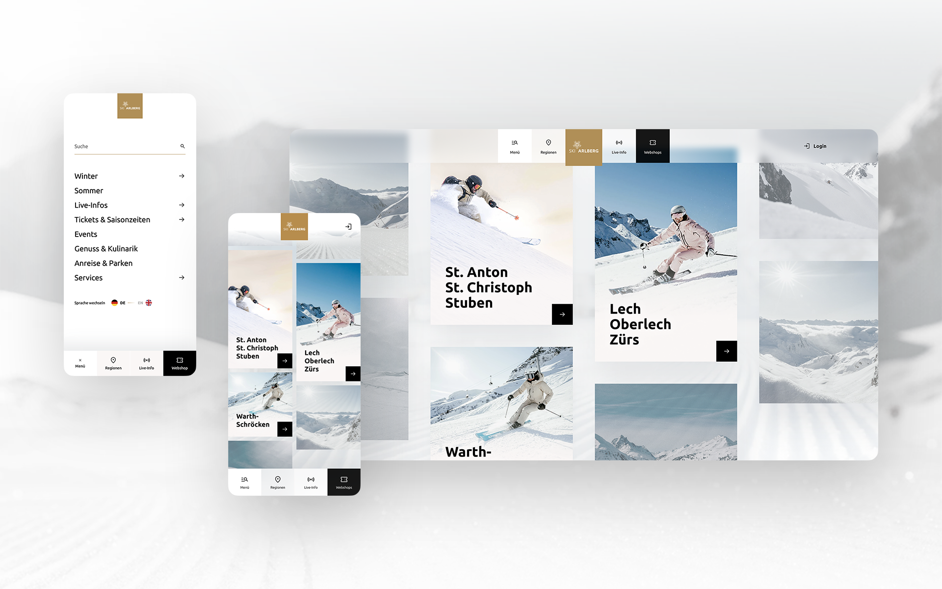 Zwei mobile Screenshots und ein Desktop-Screenshot der Ski Arlberg Website