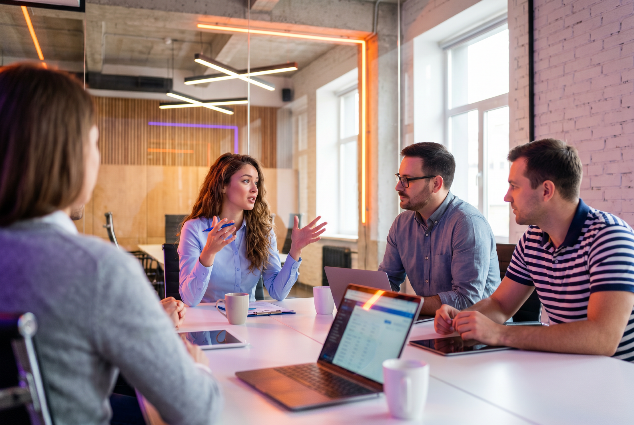 Young woman presenting ideas to colleagues during a team meeting in a modern office