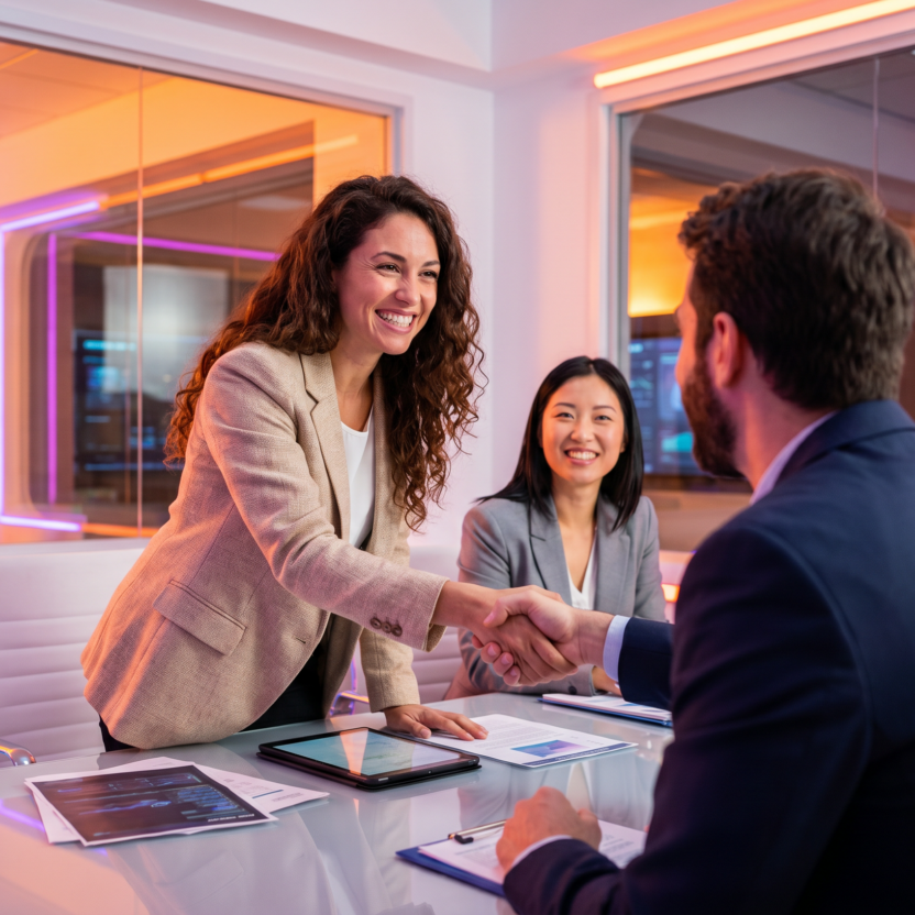 Businesswoman shaking hands with a colleague across a conference table in a modern office