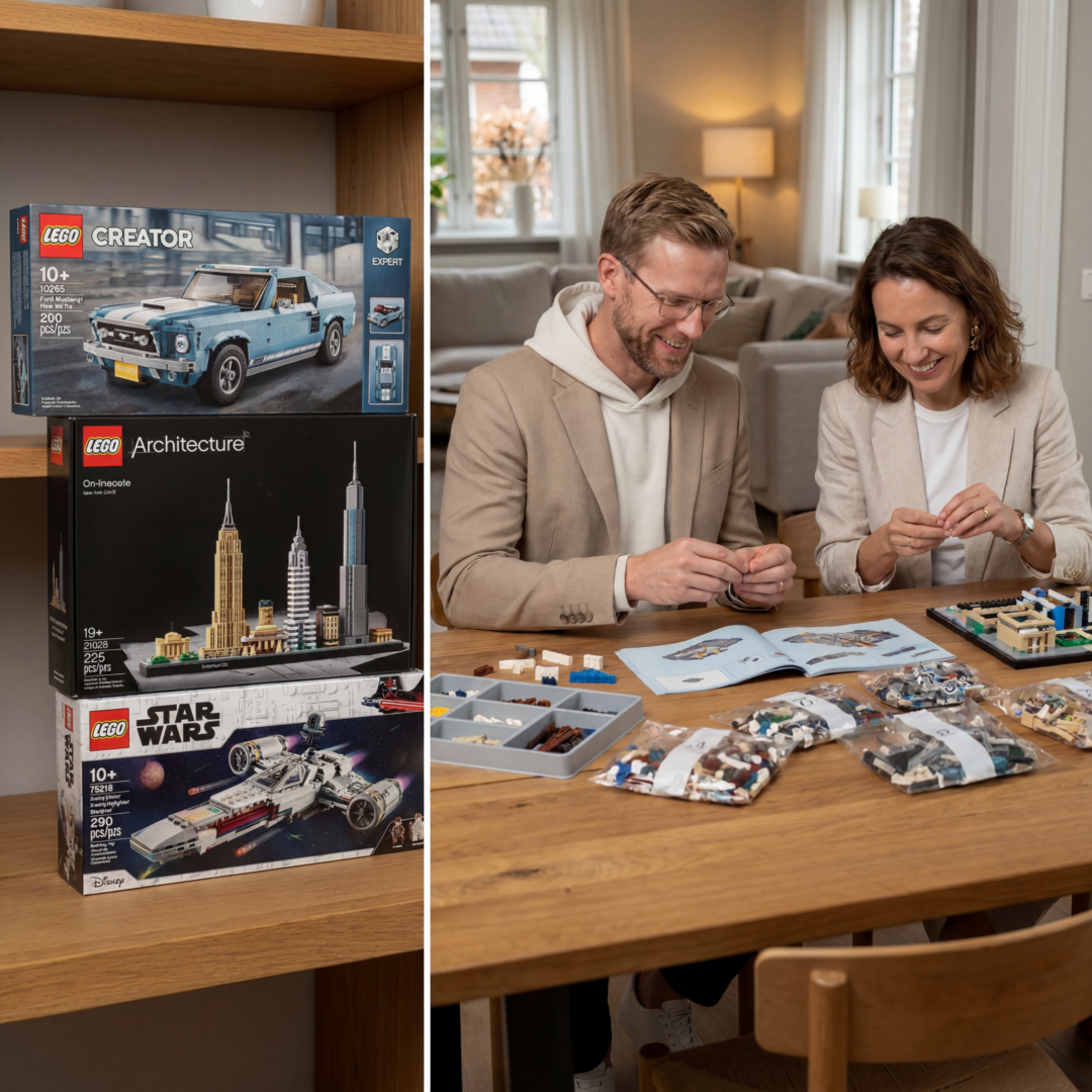 Zweigeteiltes Bild: Links drei Lego-Sets im Regal, rechts zwei Personen an einem Holztisch, die gemeinsam an Klemmbaustein-Modellen bauen.