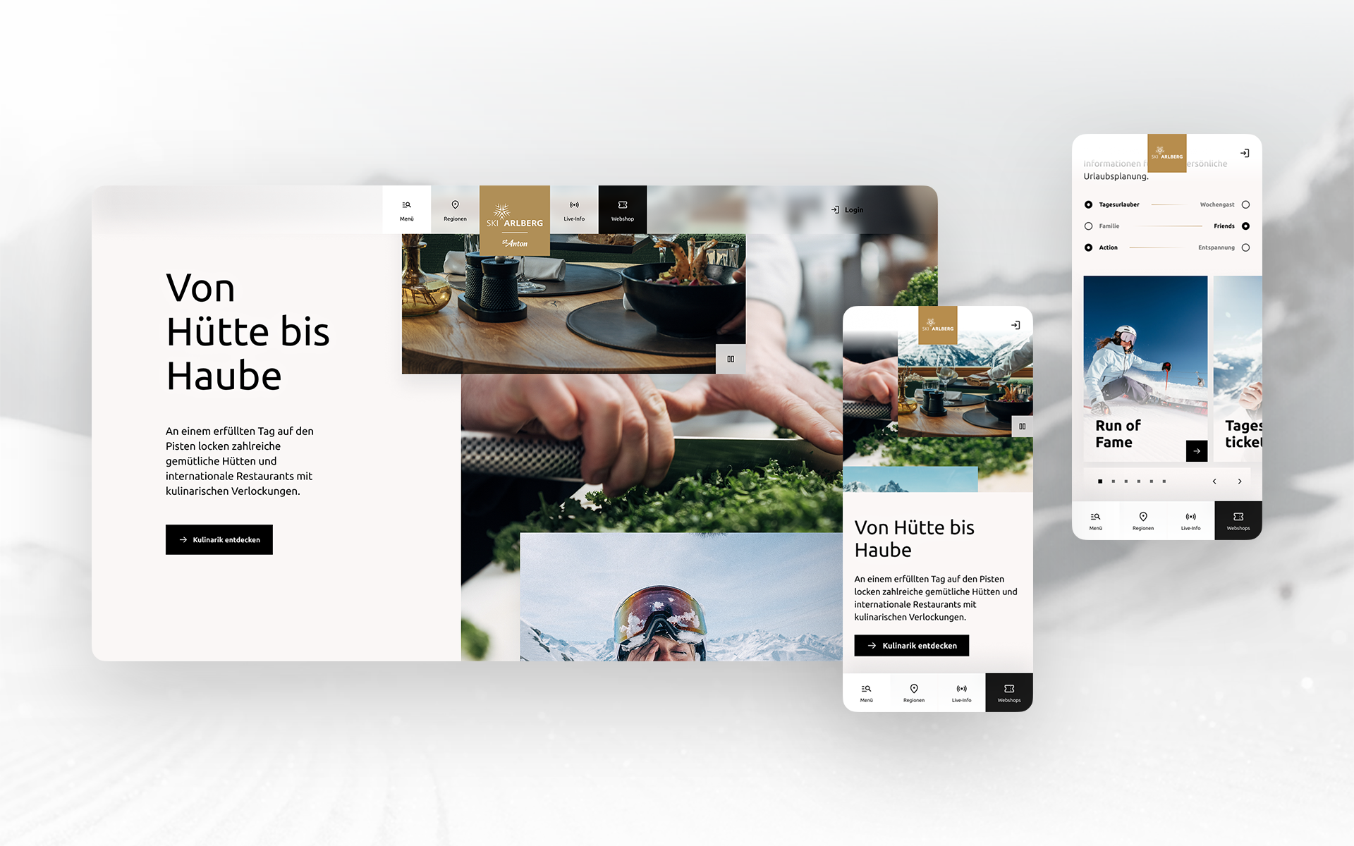 One desktop and two mobile screenshots of the Ski Arlberg website