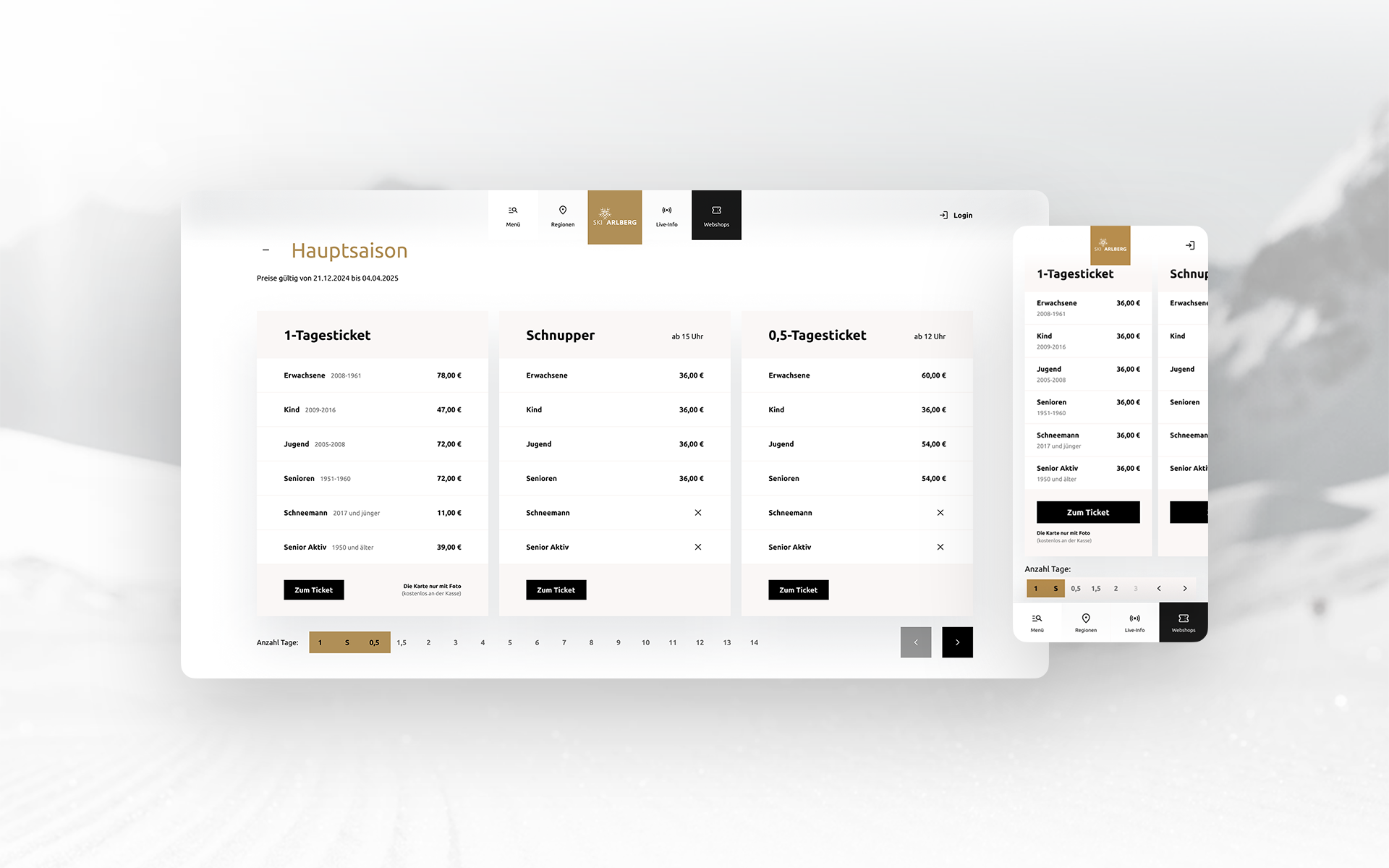 Screenshot of the different ticket types in the Ski Arlberg ticket shop