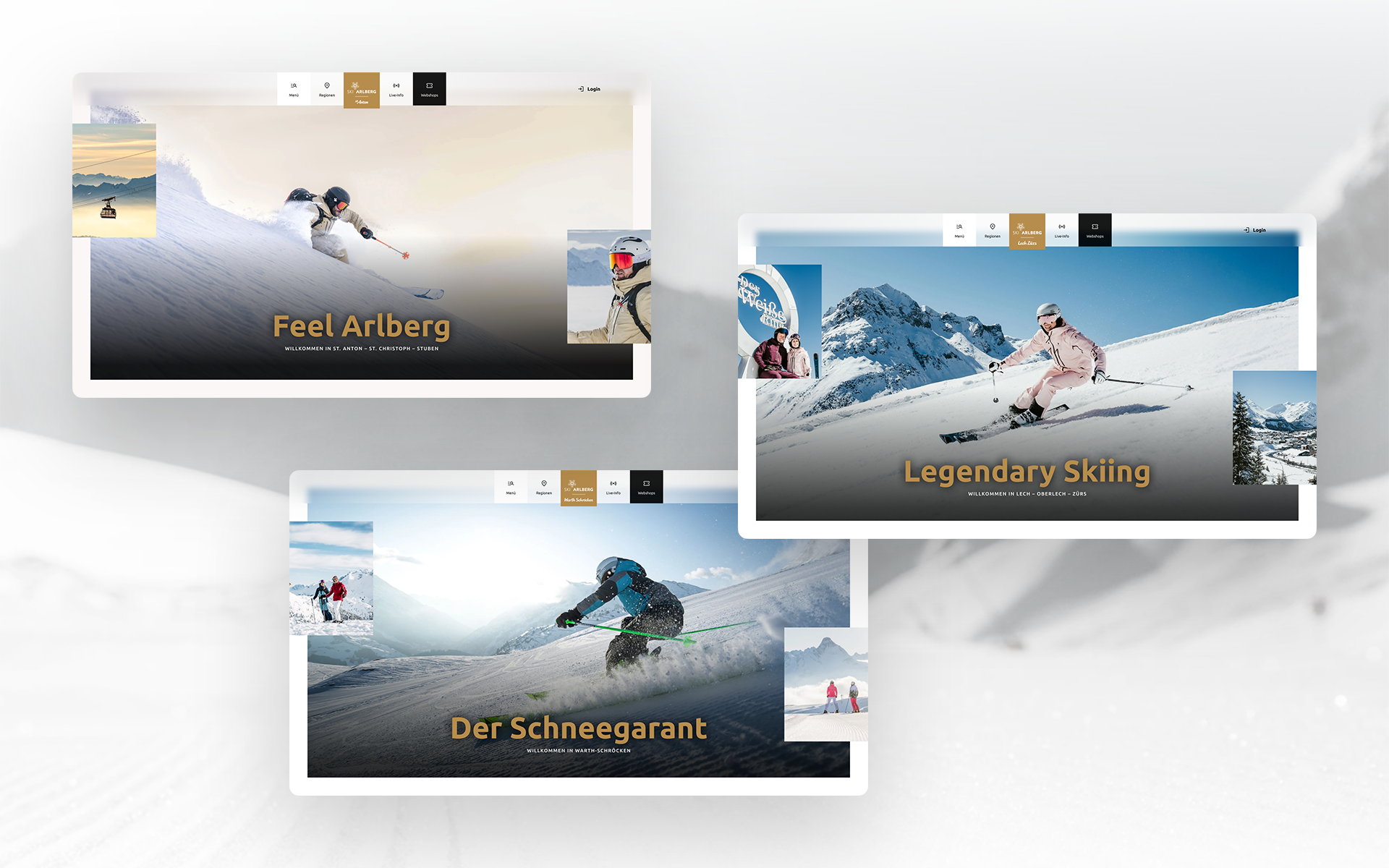 Drei Desktop-Screenshots der Einstiegsseiten der Regionen von Ski Arlberg