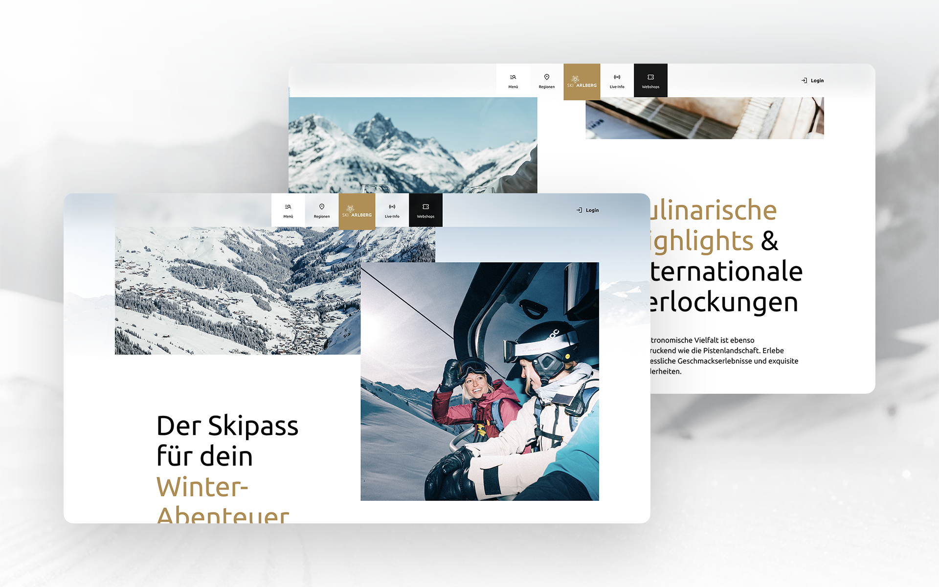 Zwei Desktop-Screenshots der Ski Arlberg Website