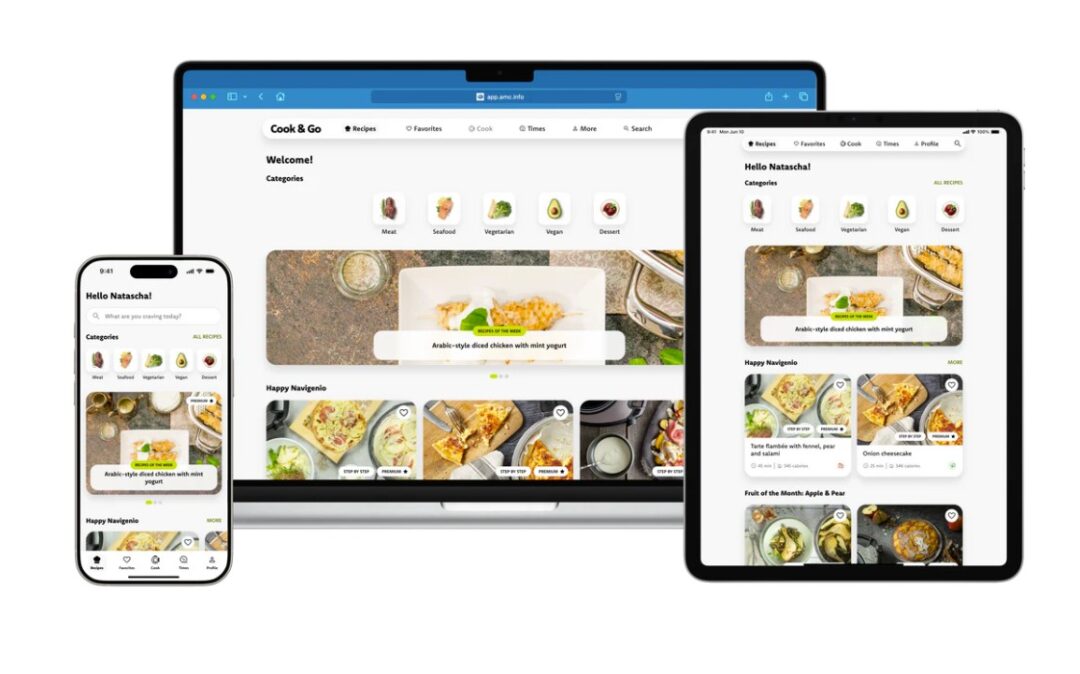 Darstellung der AMC App auf drei Endgeräten: Smartphone, Tablet, Laptop