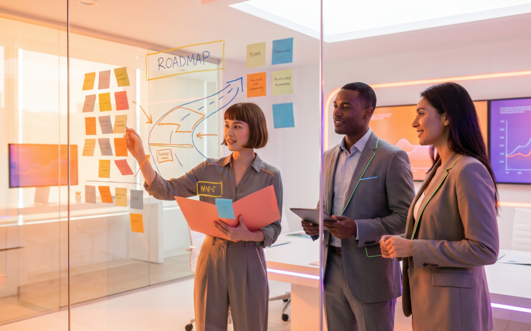 Colleagues discussing a roadmap sketched on a glass wall