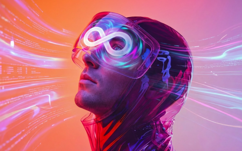 Man wearing futuristic visor with glowing infinity symbol amid digital light streams