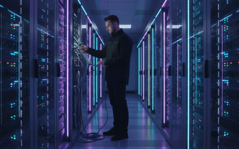 IT engineer configuring server hardware in a data center aisle. valantic AI Offering Golden Record Agent.