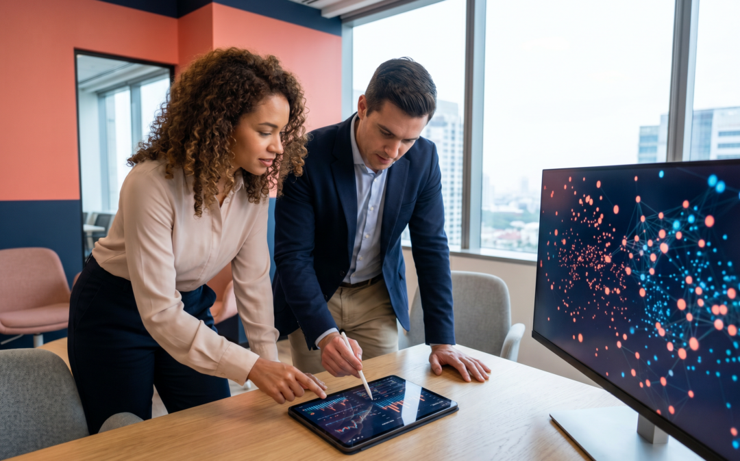 Colleagues reviewing data analytics on a tablet and screen