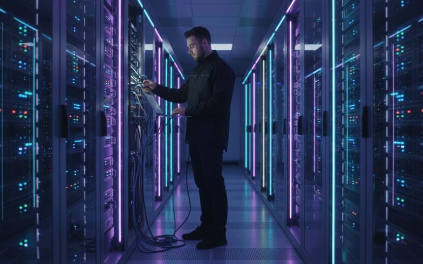 IT engineer configuring server hardware in a data center aisle