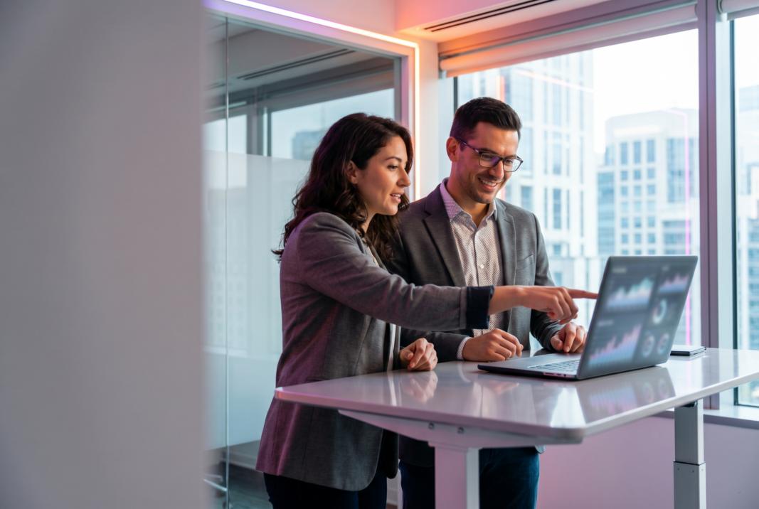 Businesswoman and businessman reviewing data charts on a laptop